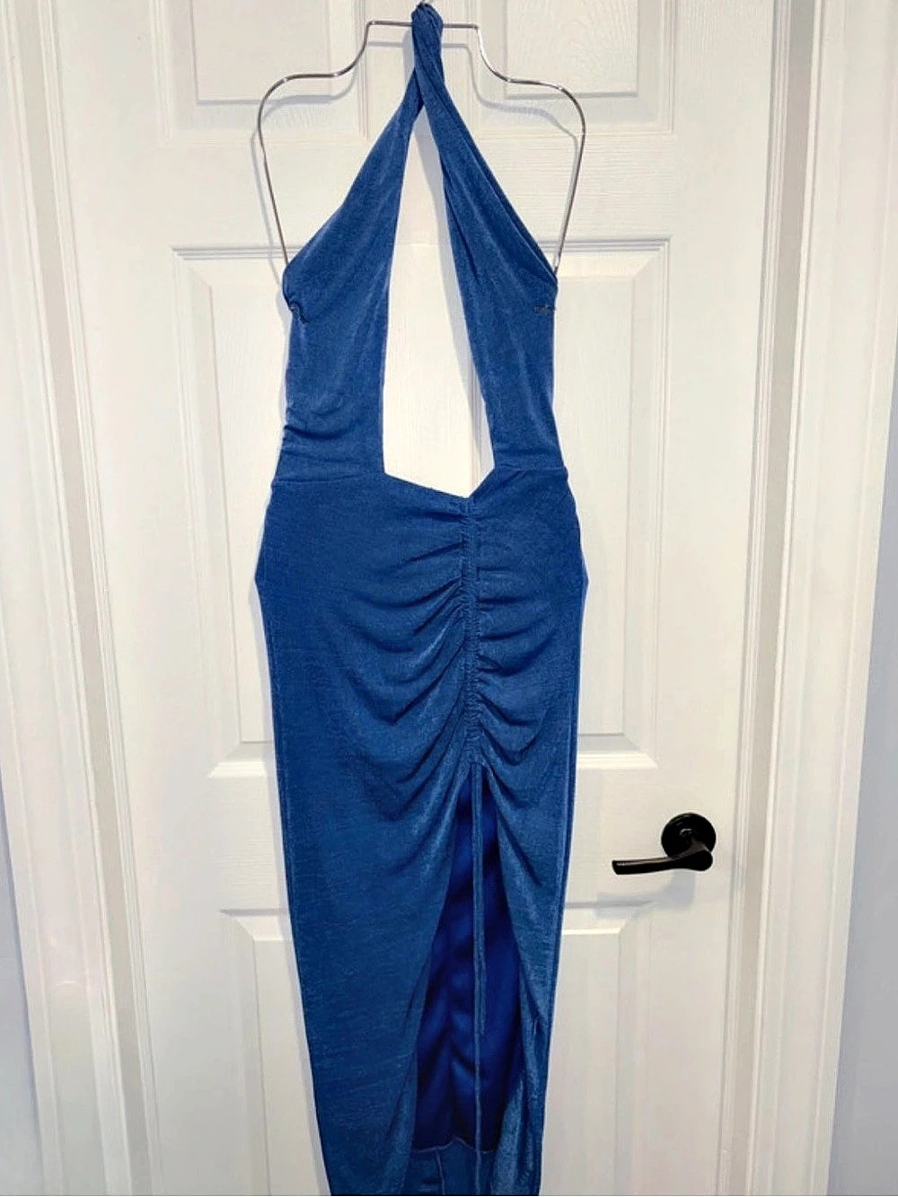 Blue Ruched Halter Maxi Dress
